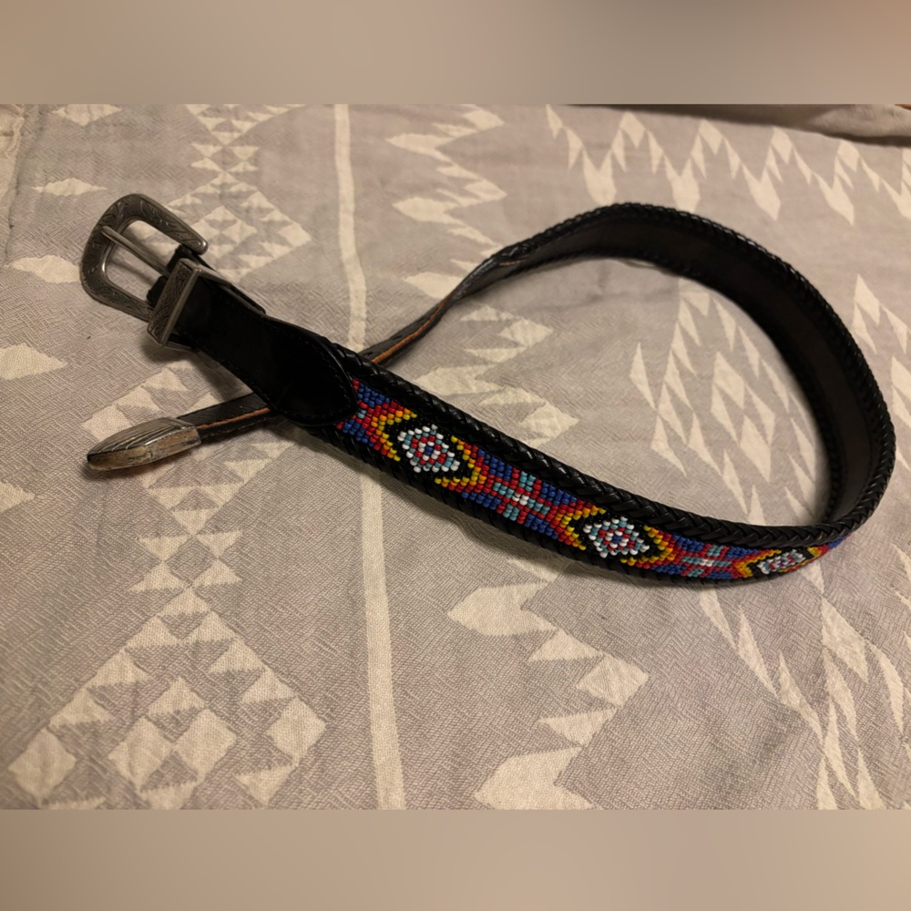 28in Navajo bead loom black leather belt. Vintage!